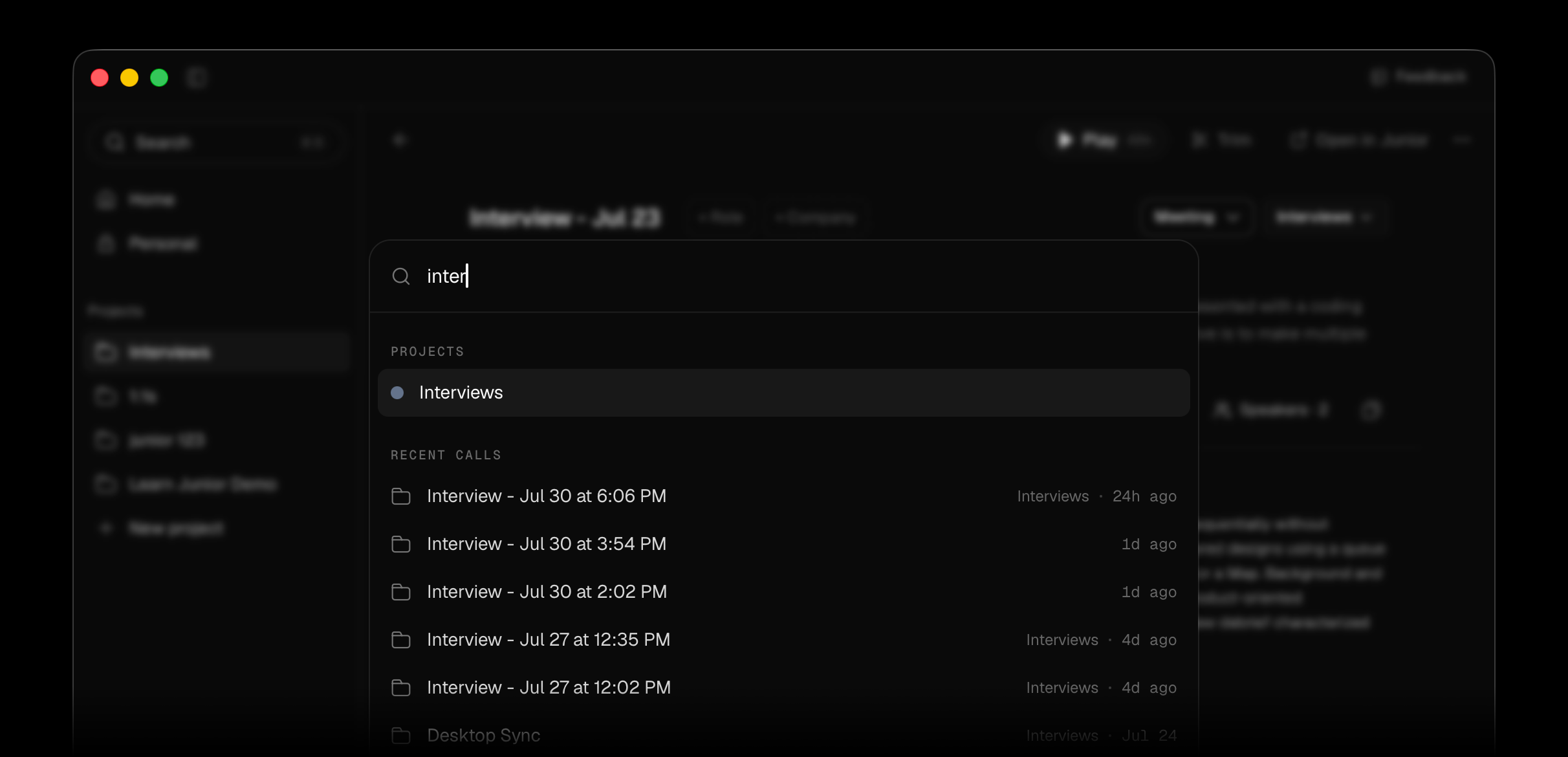 The search palette open with project and call results