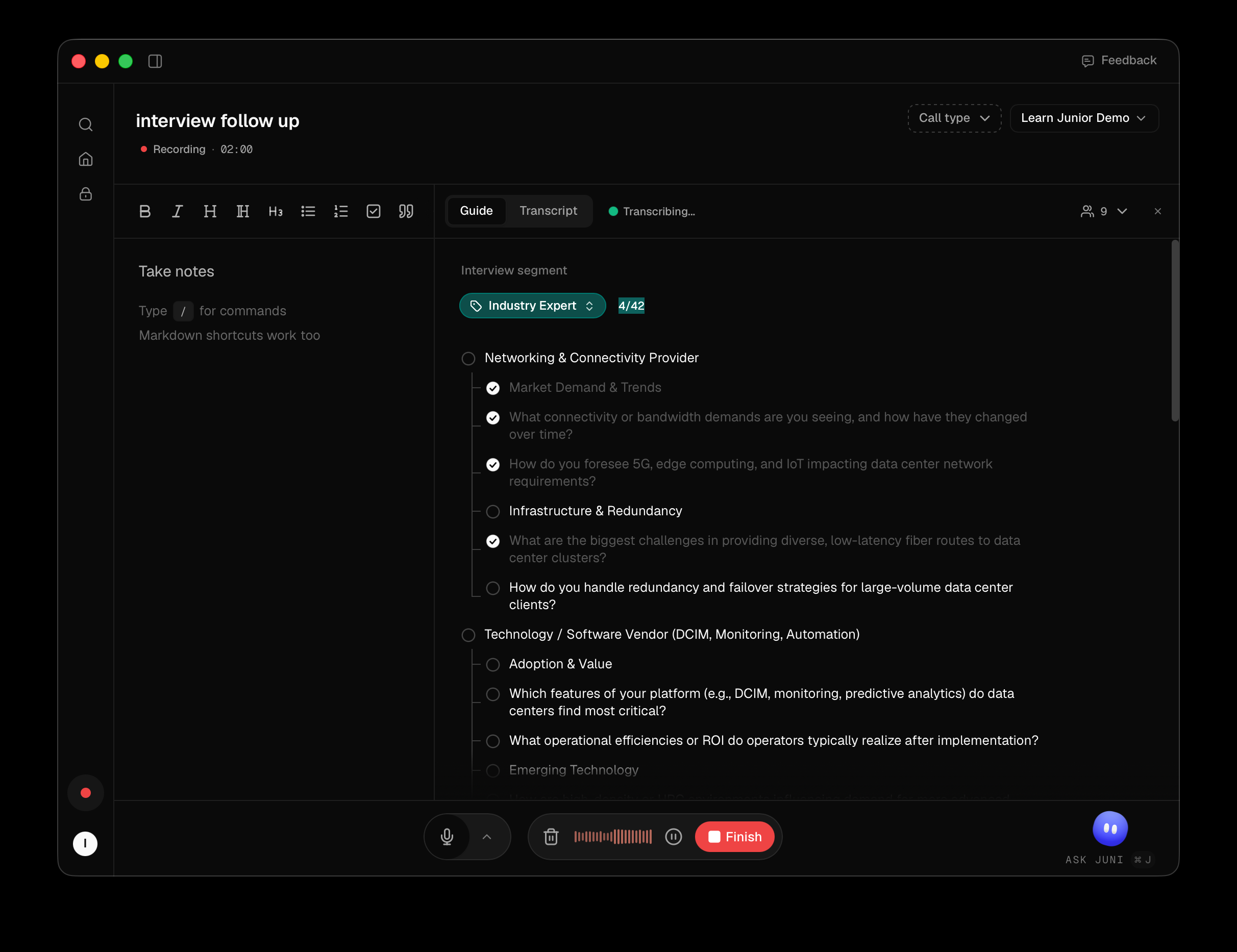 The Guide tab open beside a live call, with some questions ticked off