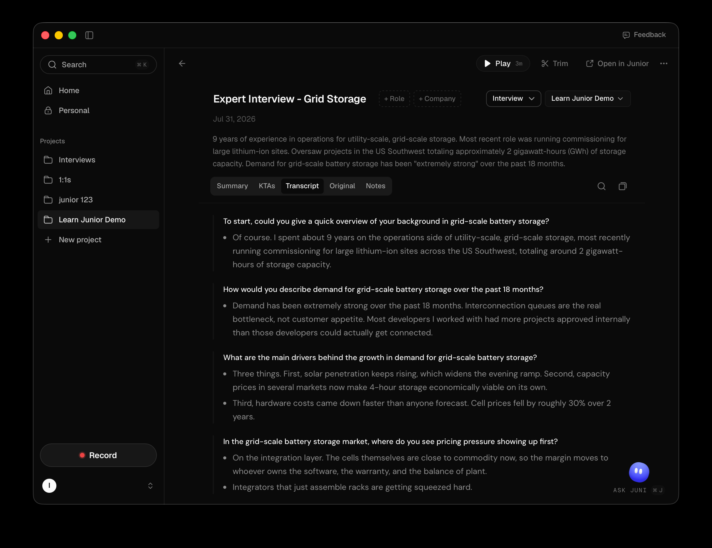 A finished call open on its cleaned Transcript tab with the playback controls visible