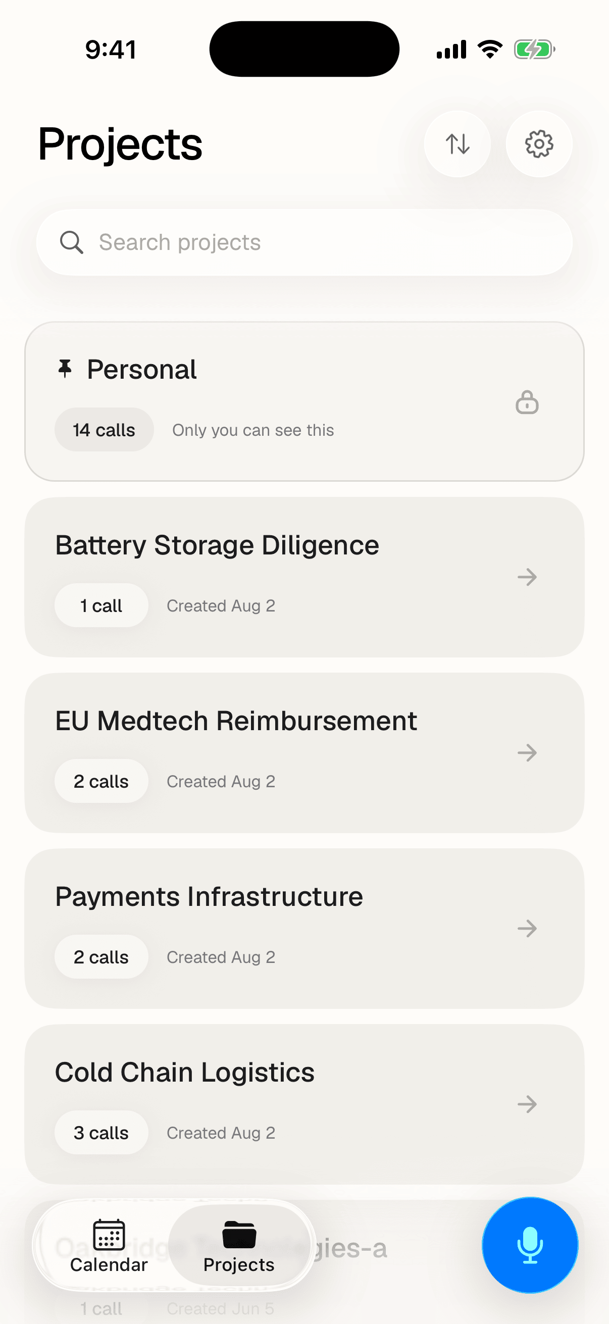 The Projects tab showing the Personal card first, then project cards with call counts