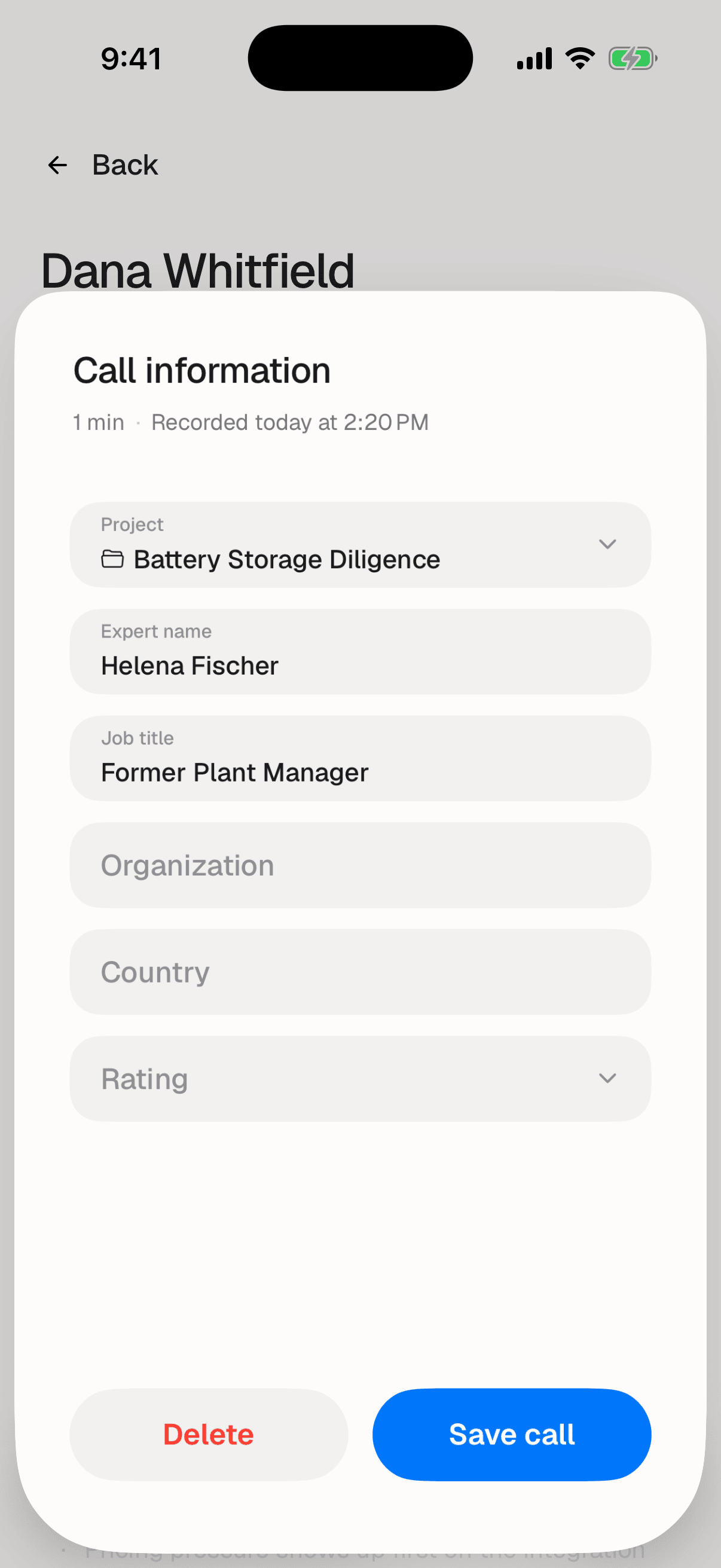 The call information form with Project chosen and Expert name filled in