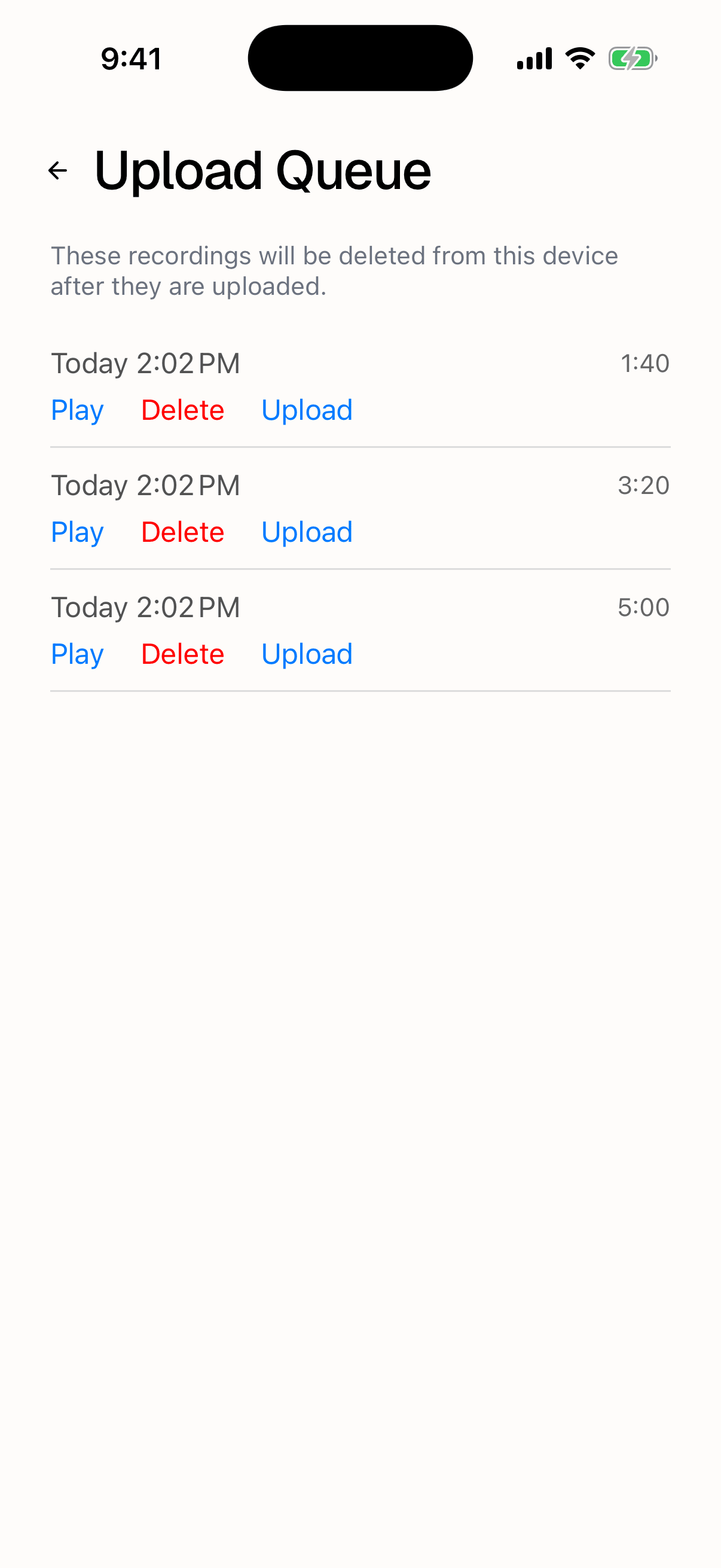The Upload Queue screen listing two recordings with Play, Delete and Upload actions