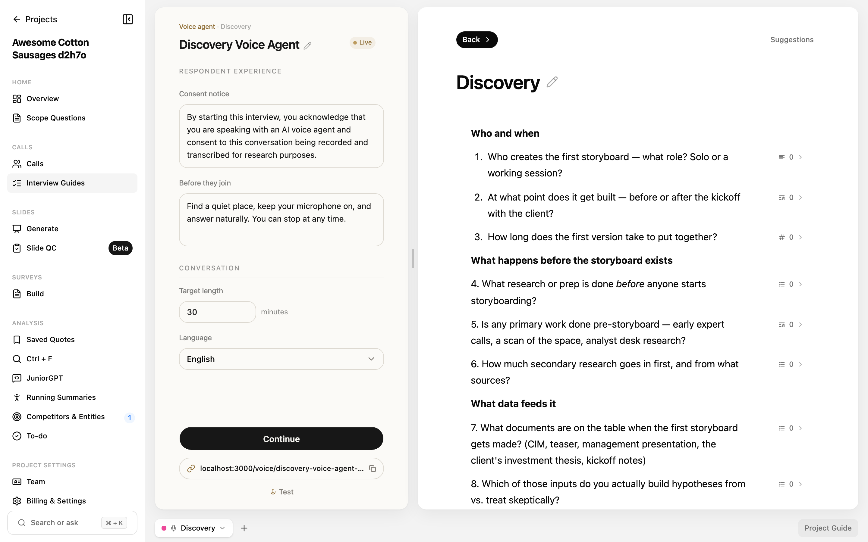 The AI Voice Agent setup with title, consent notice, target length, and language fields