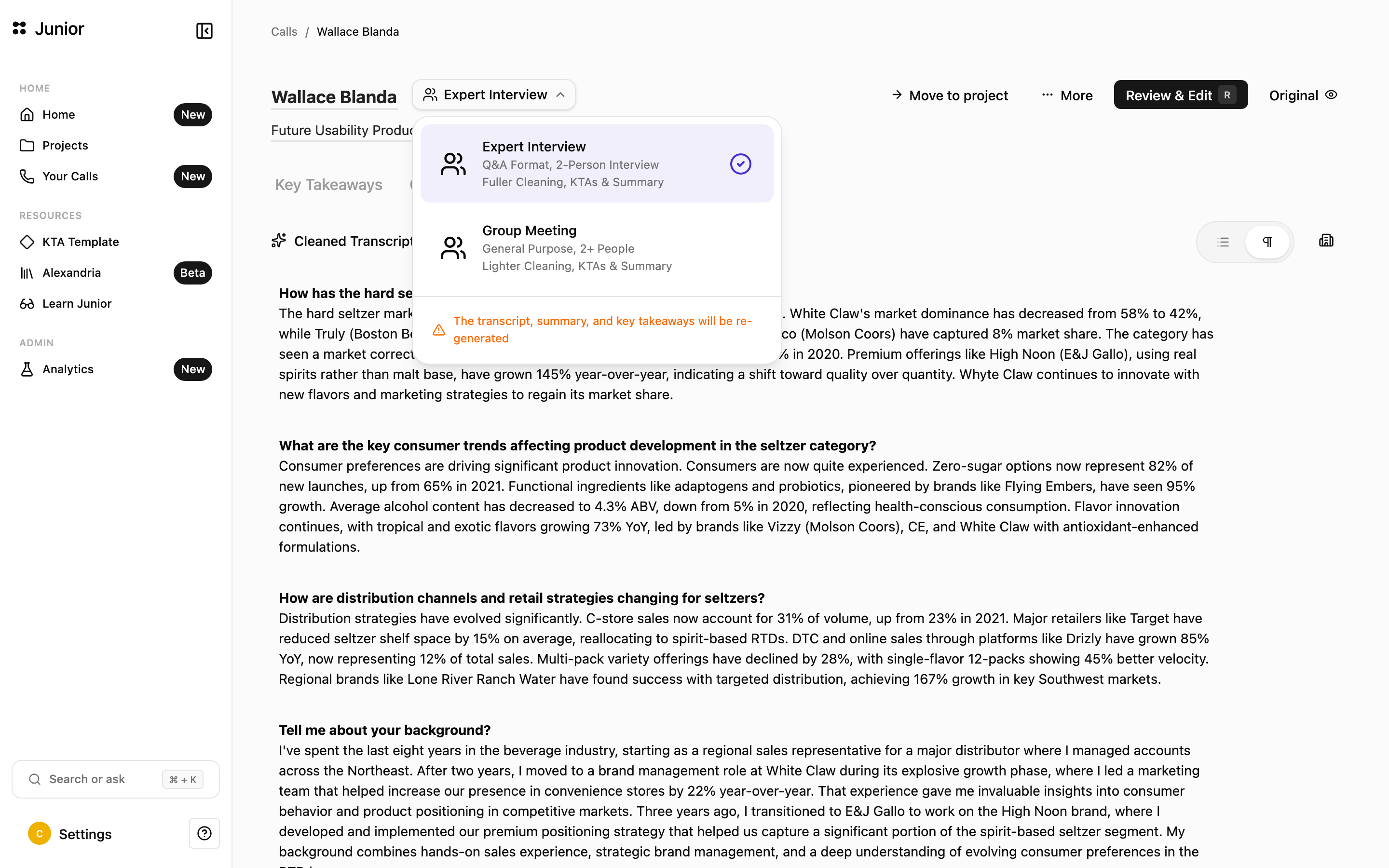 The call-type dropdown open, showing Expert Interview and Group Meeting