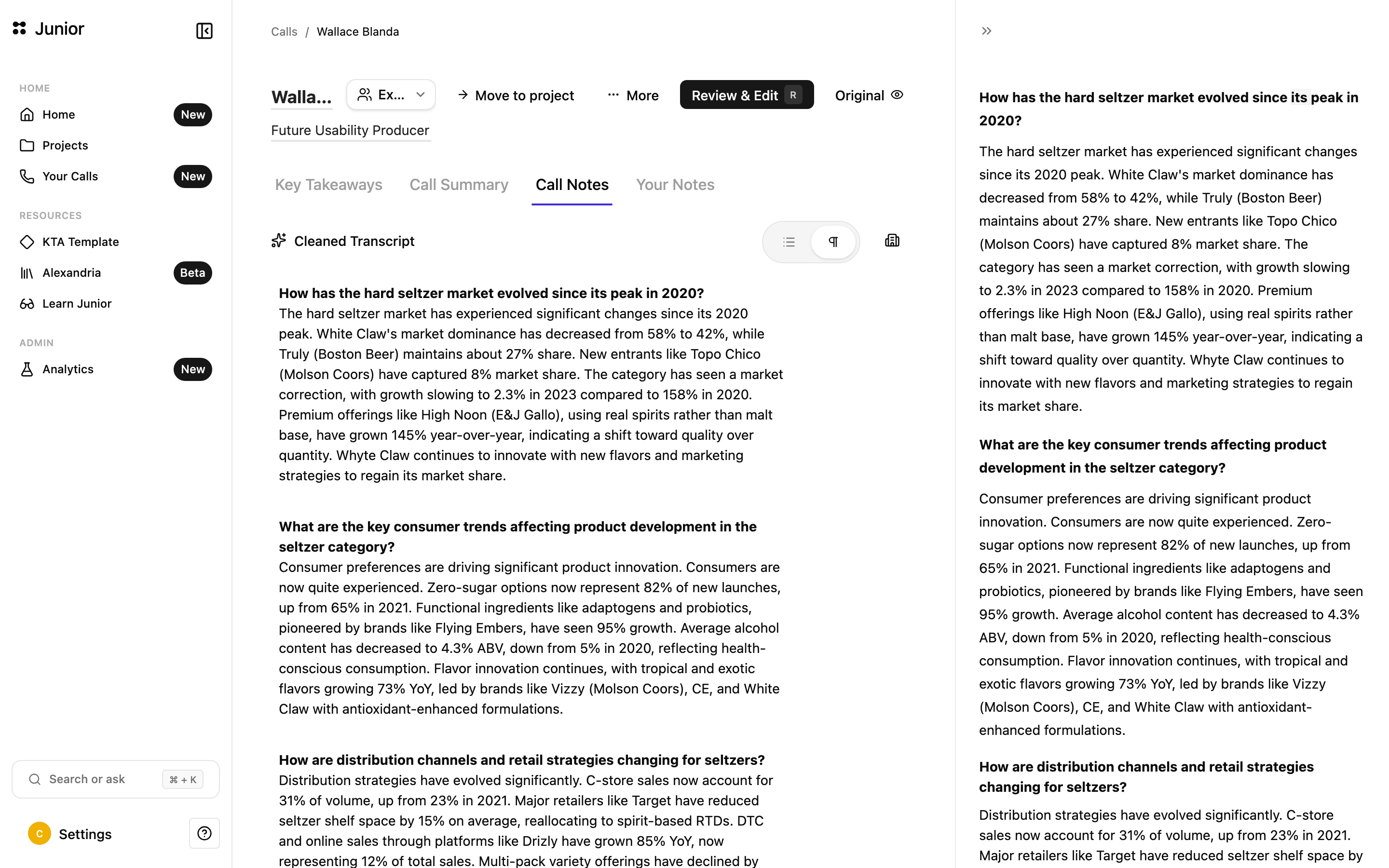 A raw transcript beside its cleaned question-and-answer version