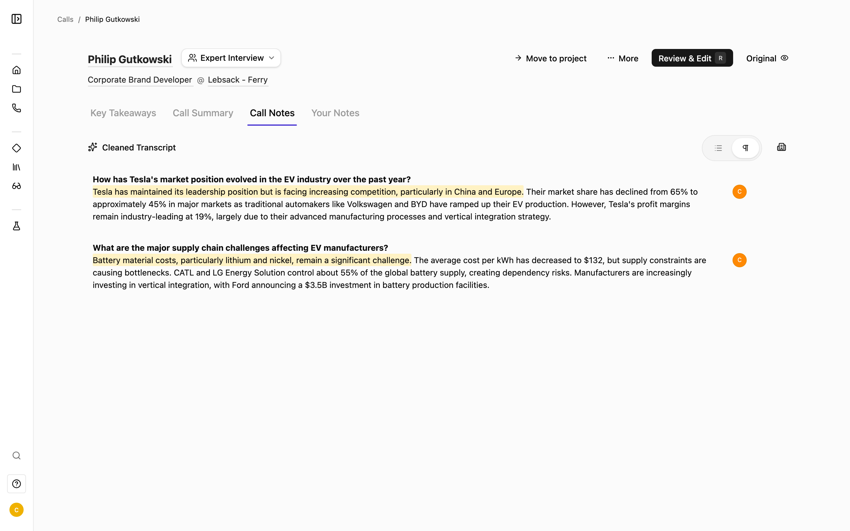 A transcript with color-coded highlights, author avatars, and the View quote action