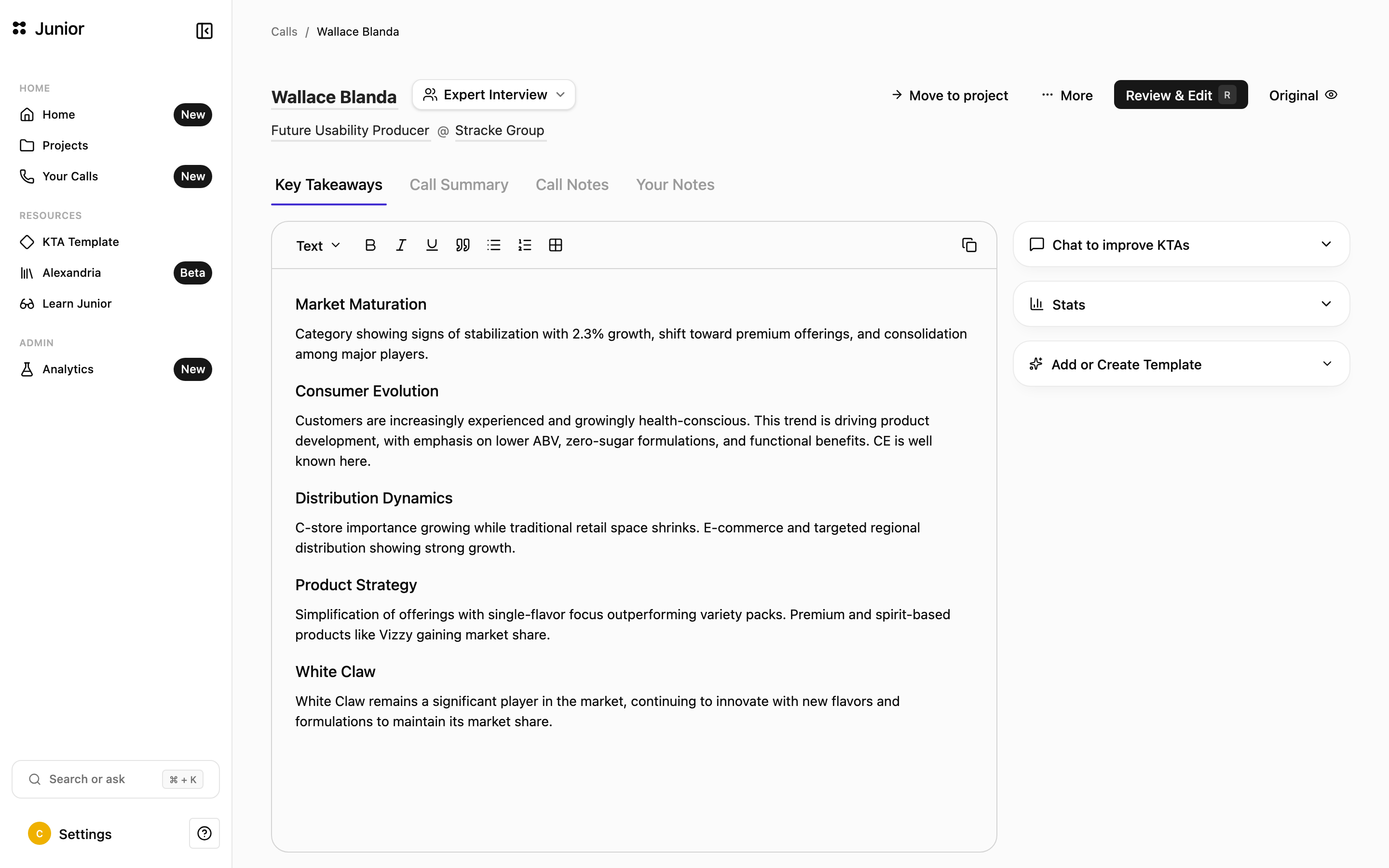 The Key Takeaways editor showing points grouped into themes, with an Approve KTAs button