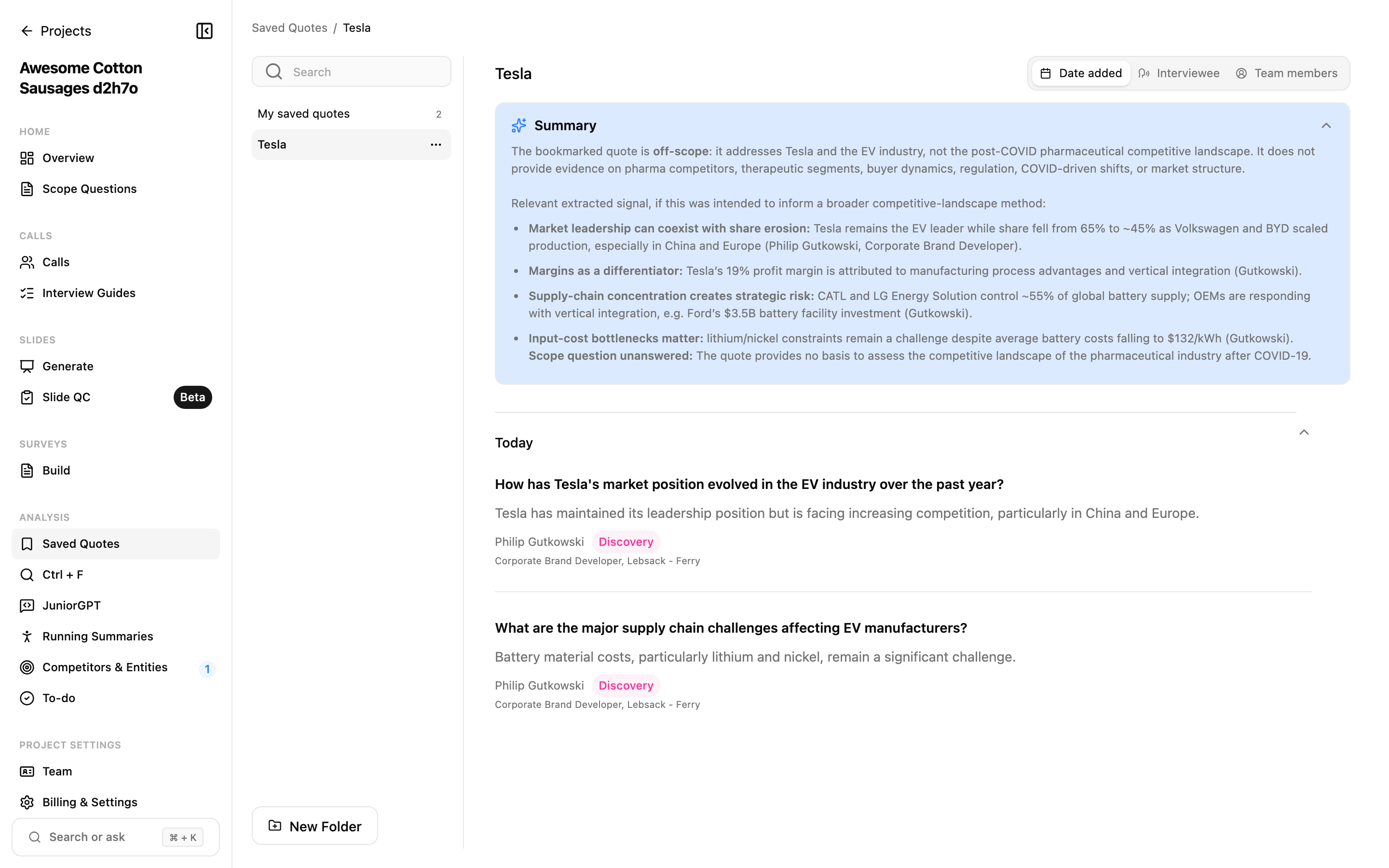 A playlist showing collected quotes from several interviews, with folders in the sidebar