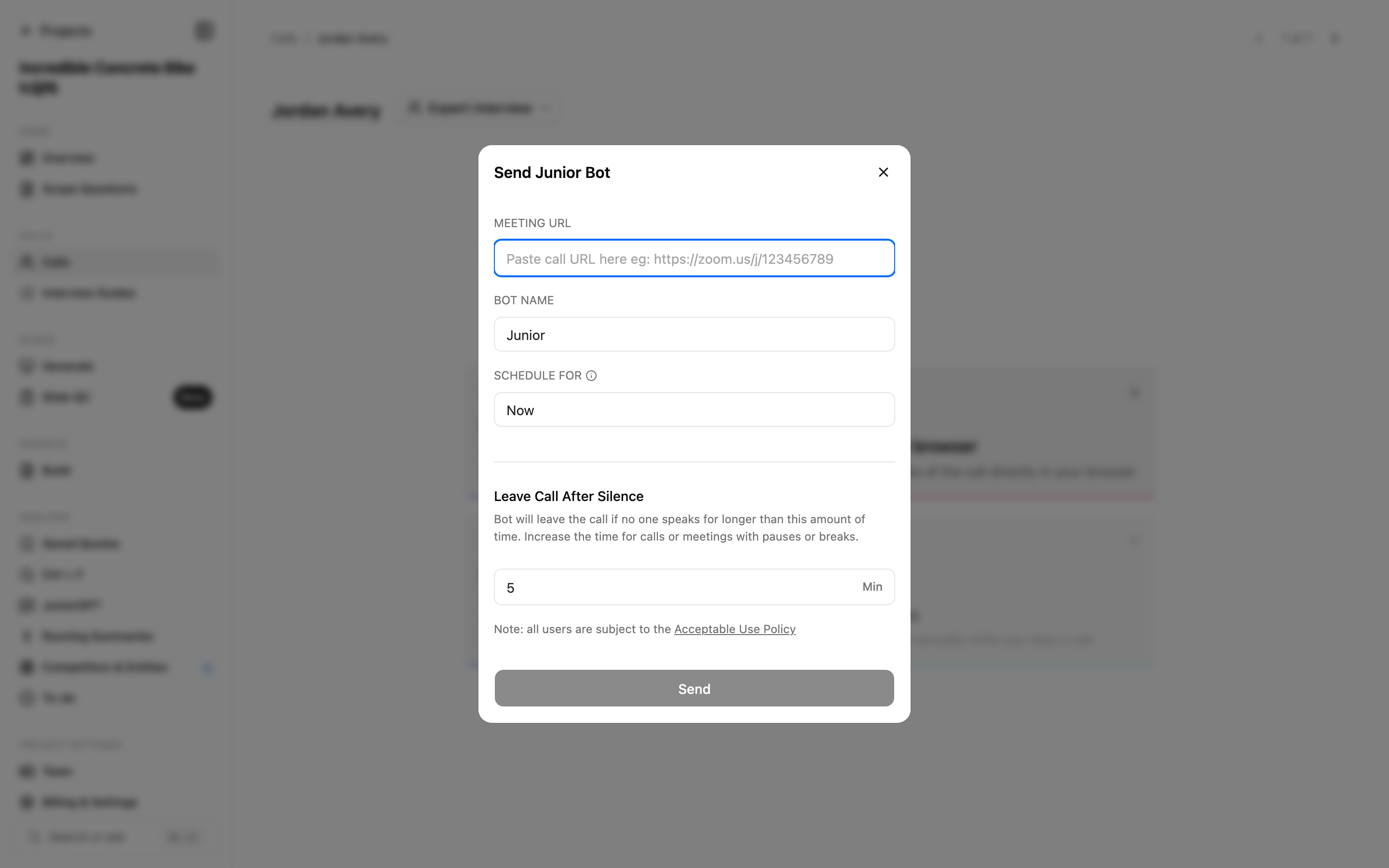 The Send Junior Bot step with the name field, meeting URL, and send-or-schedule options