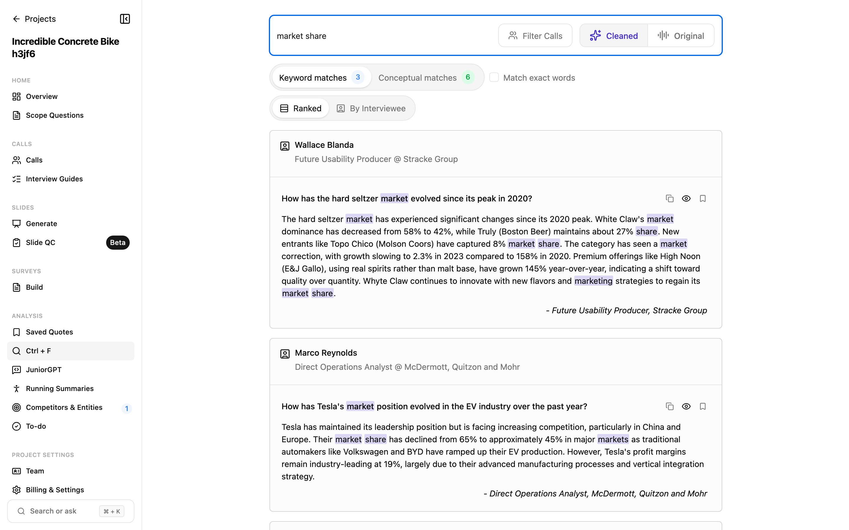 Ctrl + F search results with the Keyword matches and Conceptual matches tabs, each showing a count