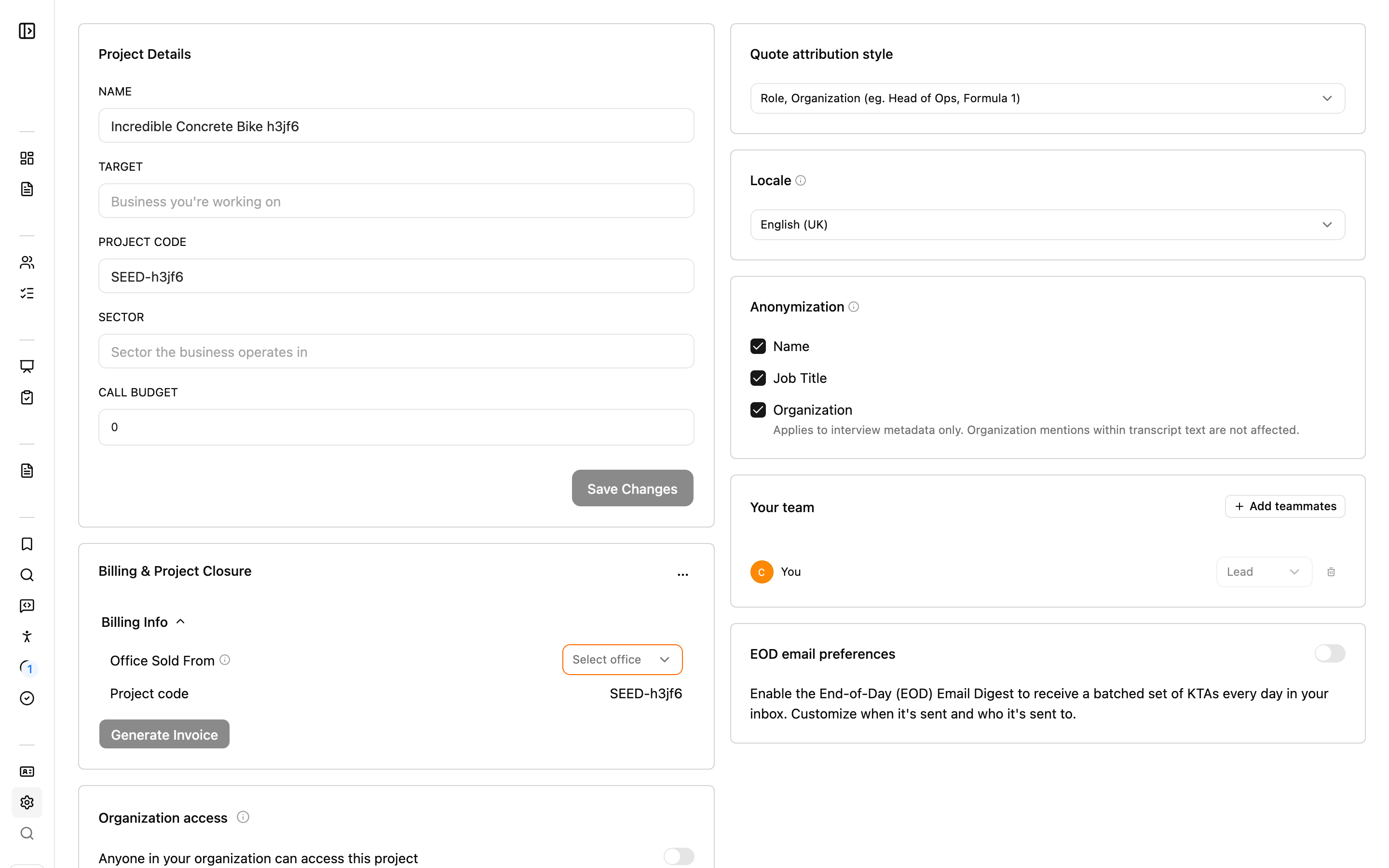 The Project Settings page showing the grid of setting cards