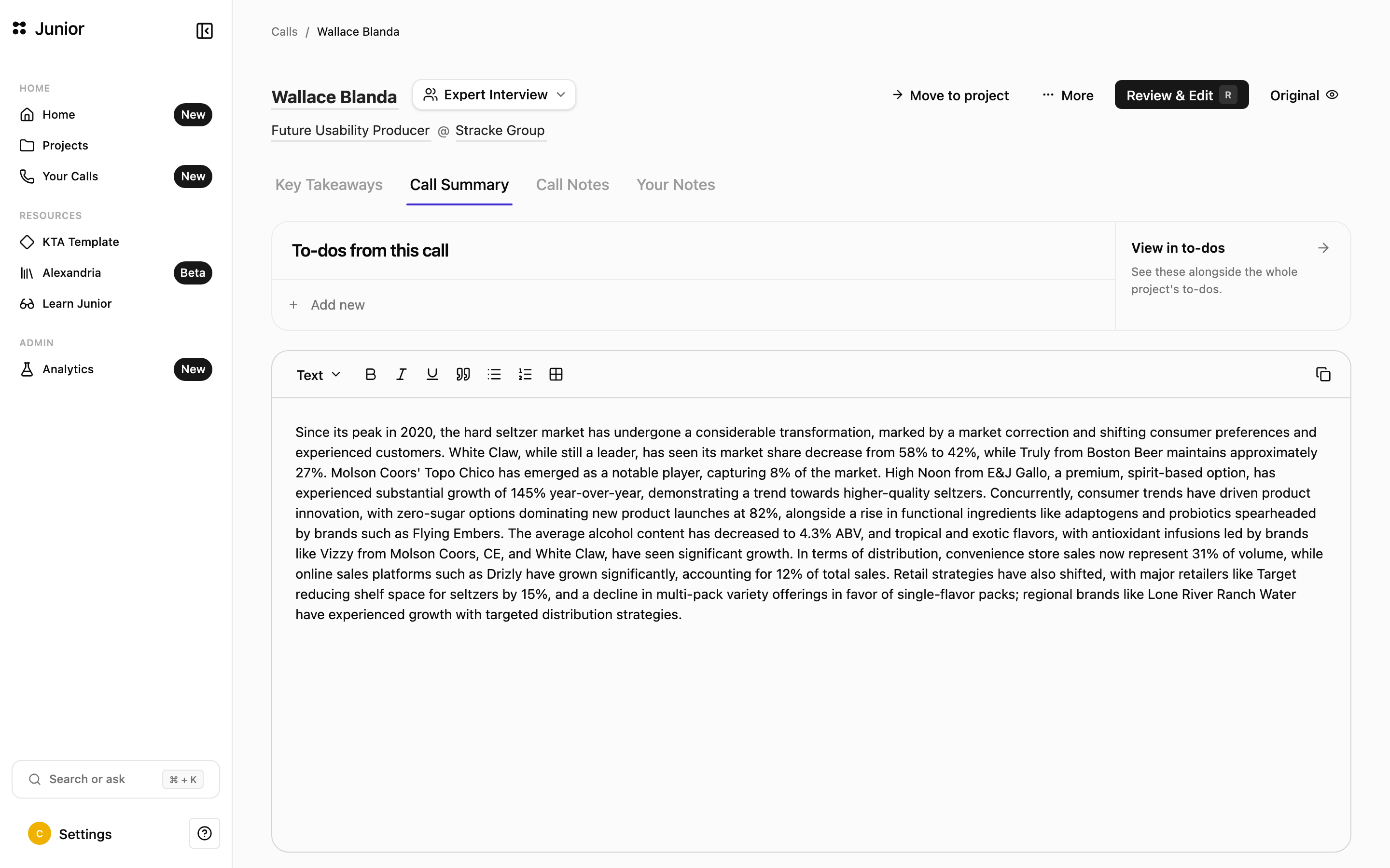 A Call Summary with inline citations linking back to the transcript