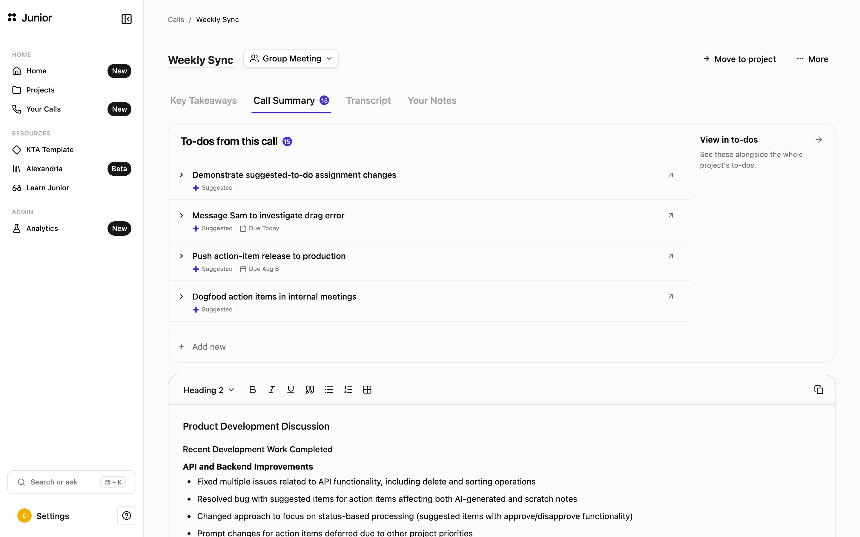 Suggested to-dos at the top of the Call Summary, with Approve and Add an action controls