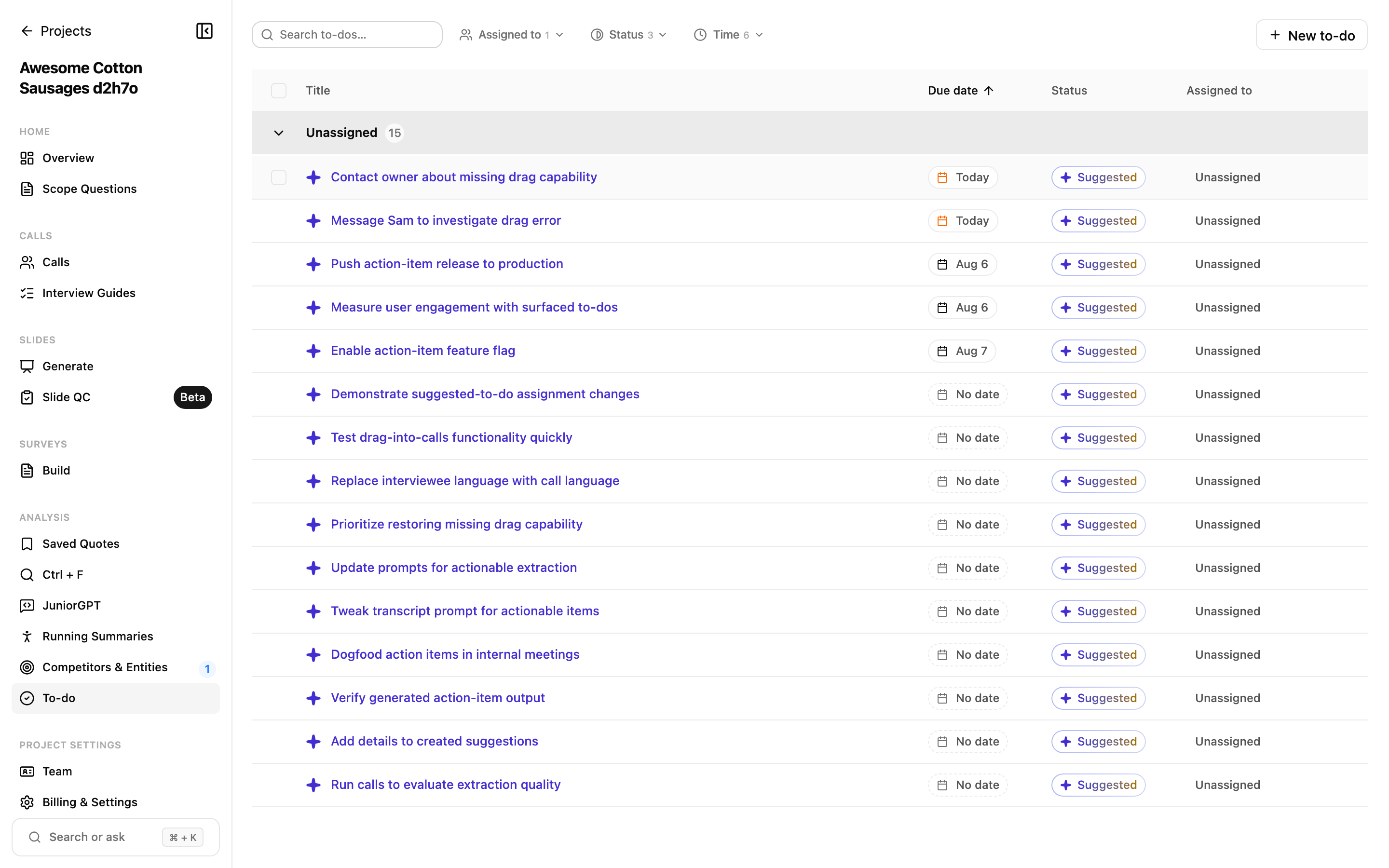 The project To-do page listing every to-do with due date, status, and assignee columns