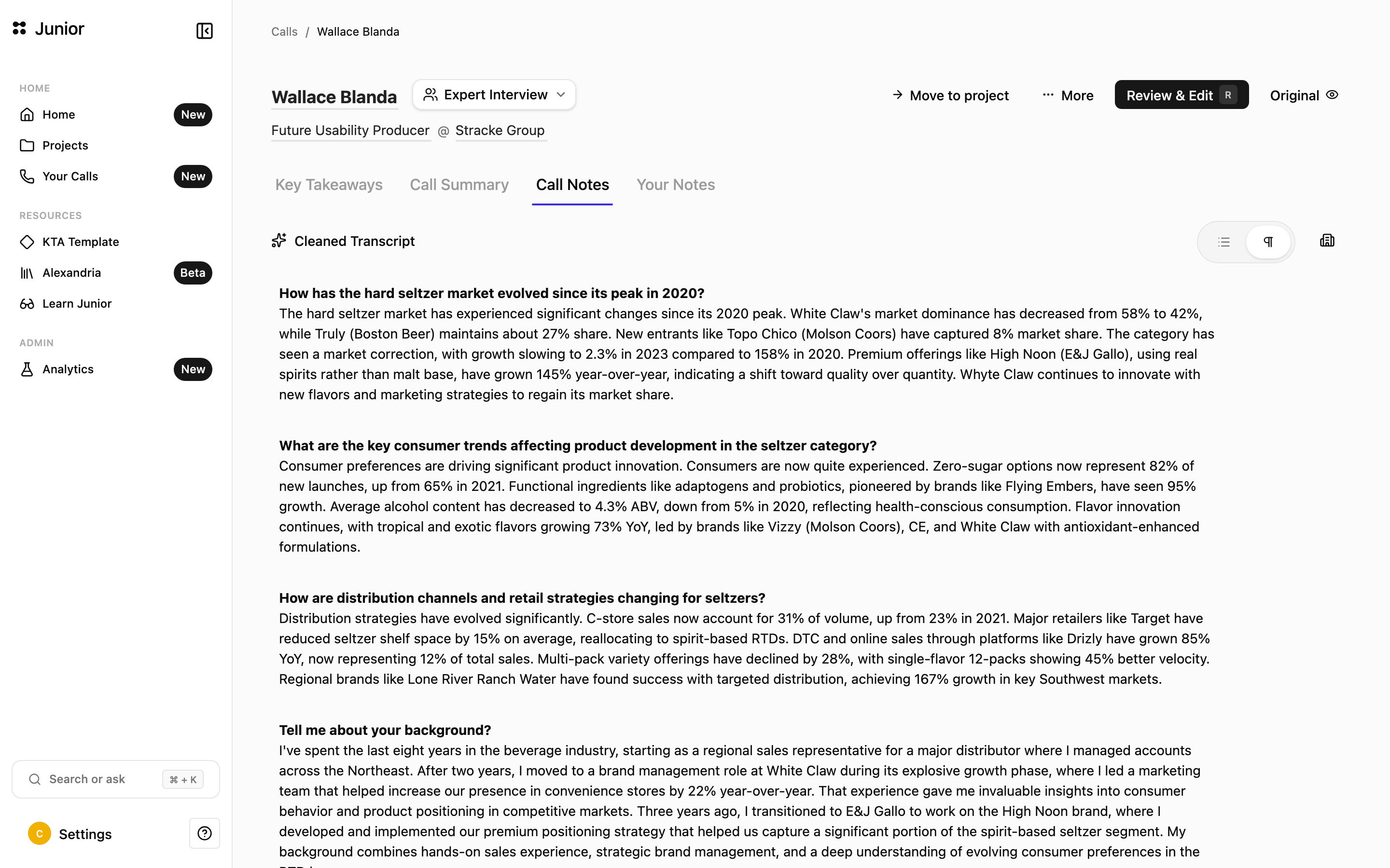 A processed call open on the Key Takeaways, Call Summary, transcript, and Your Notes tabs
